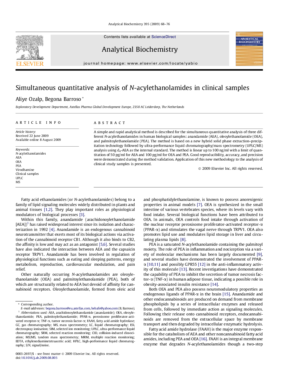 Simultaneous quantitative analysis of N-acylethanolamides in clinical samples