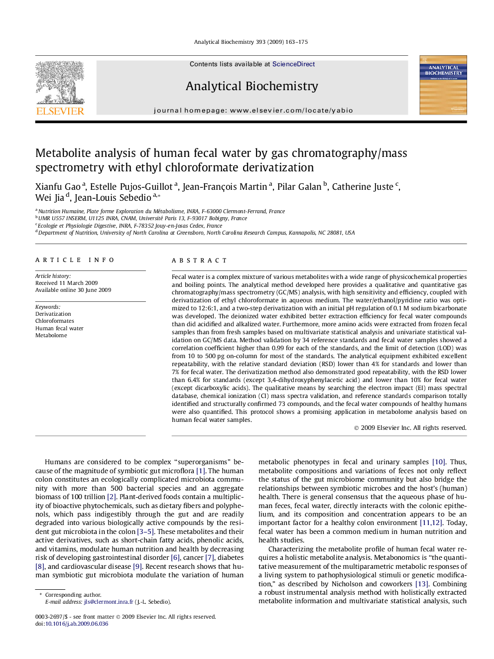 Metabolite analysis of human fecal water by gas chromatography/mass spectrometry with ethyl chloroformate derivatization