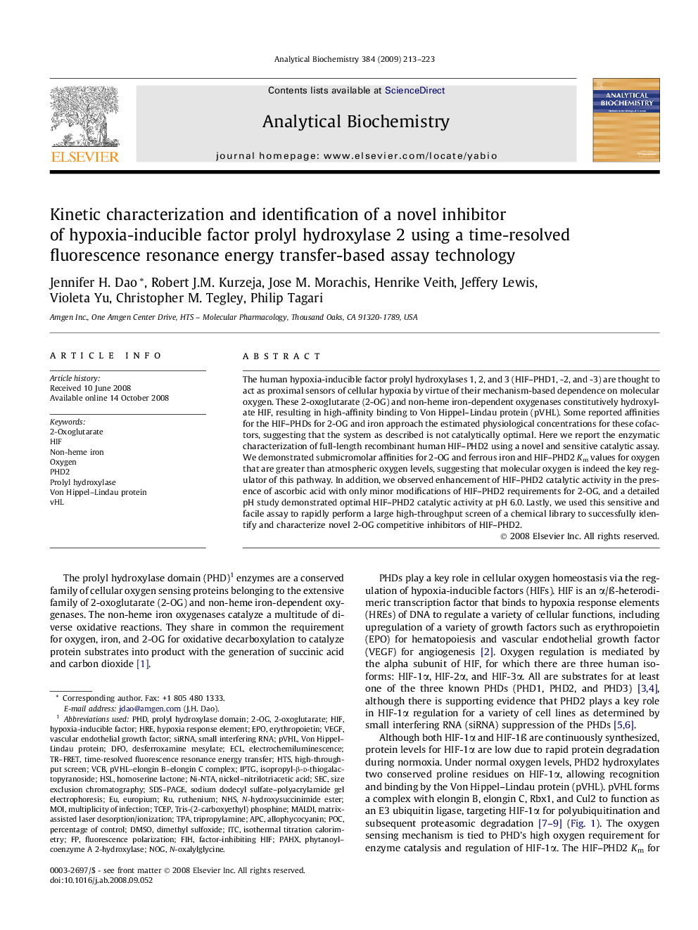 Kinetic characterization and identification of a novel inhibitor of hypoxia-inducible factor prolyl hydroxylase 2 using a time-resolved fluorescence resonance energy transfer-based assay technology