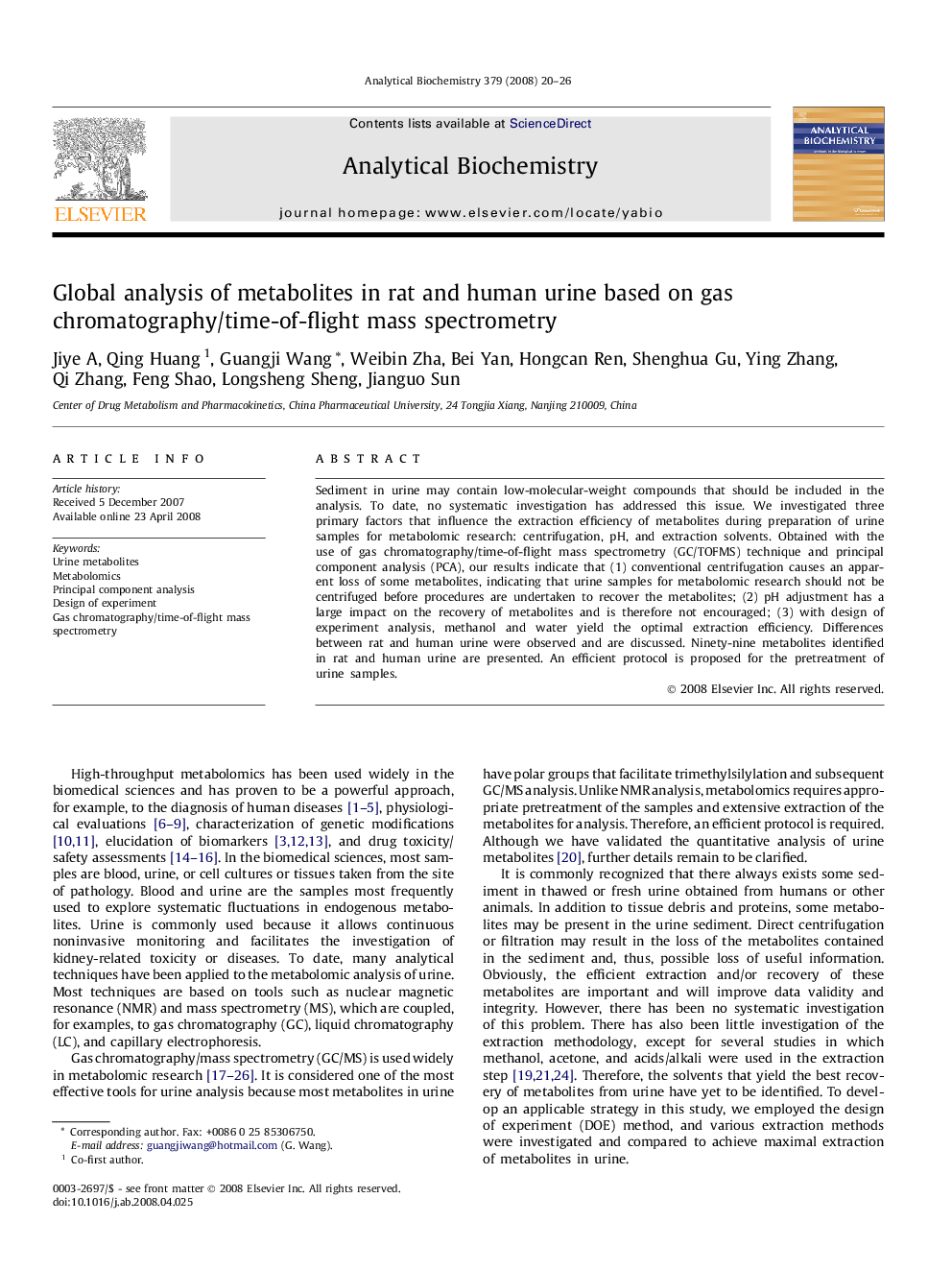 Global analysis of metabolites in rat and human urine based on gas chromatography/time-of-flight mass spectrometry