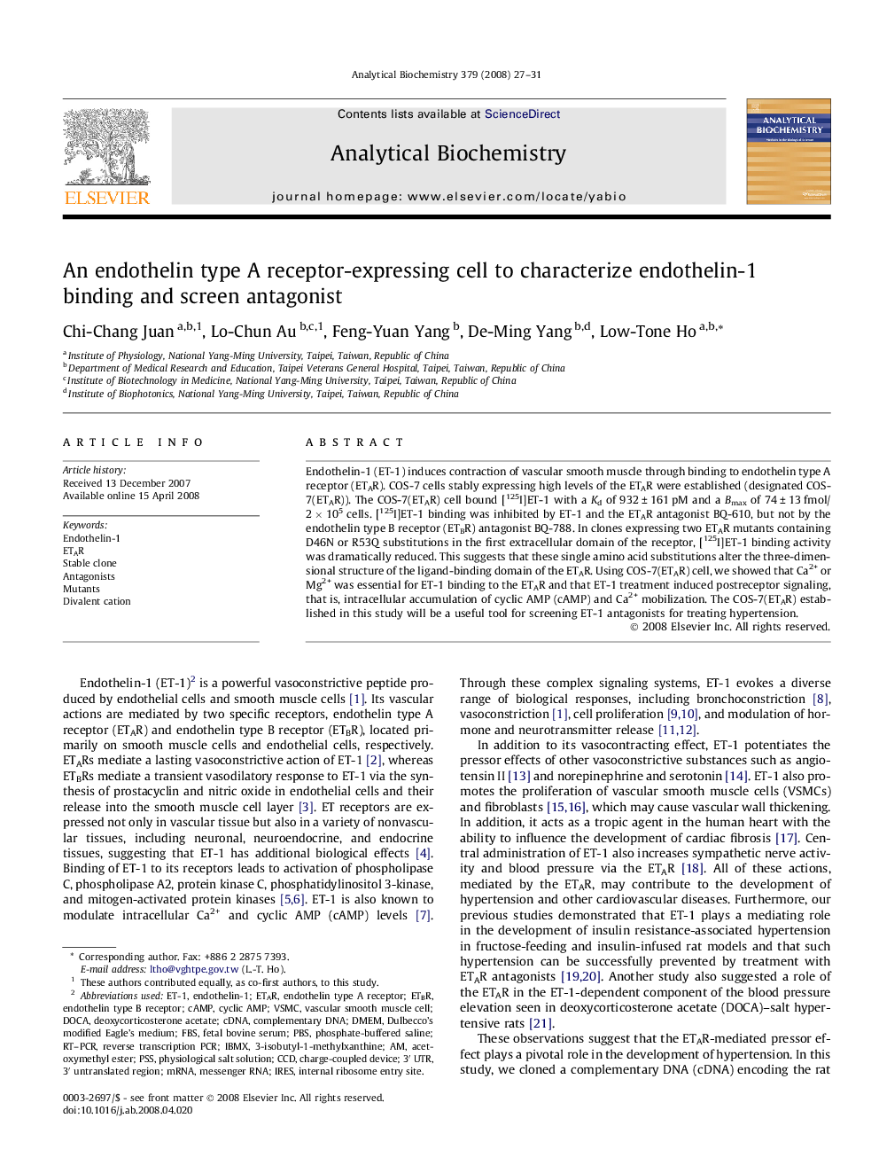 An endothelin type A receptor-expressing cell to characterize endothelin-1 binding and screen antagonist