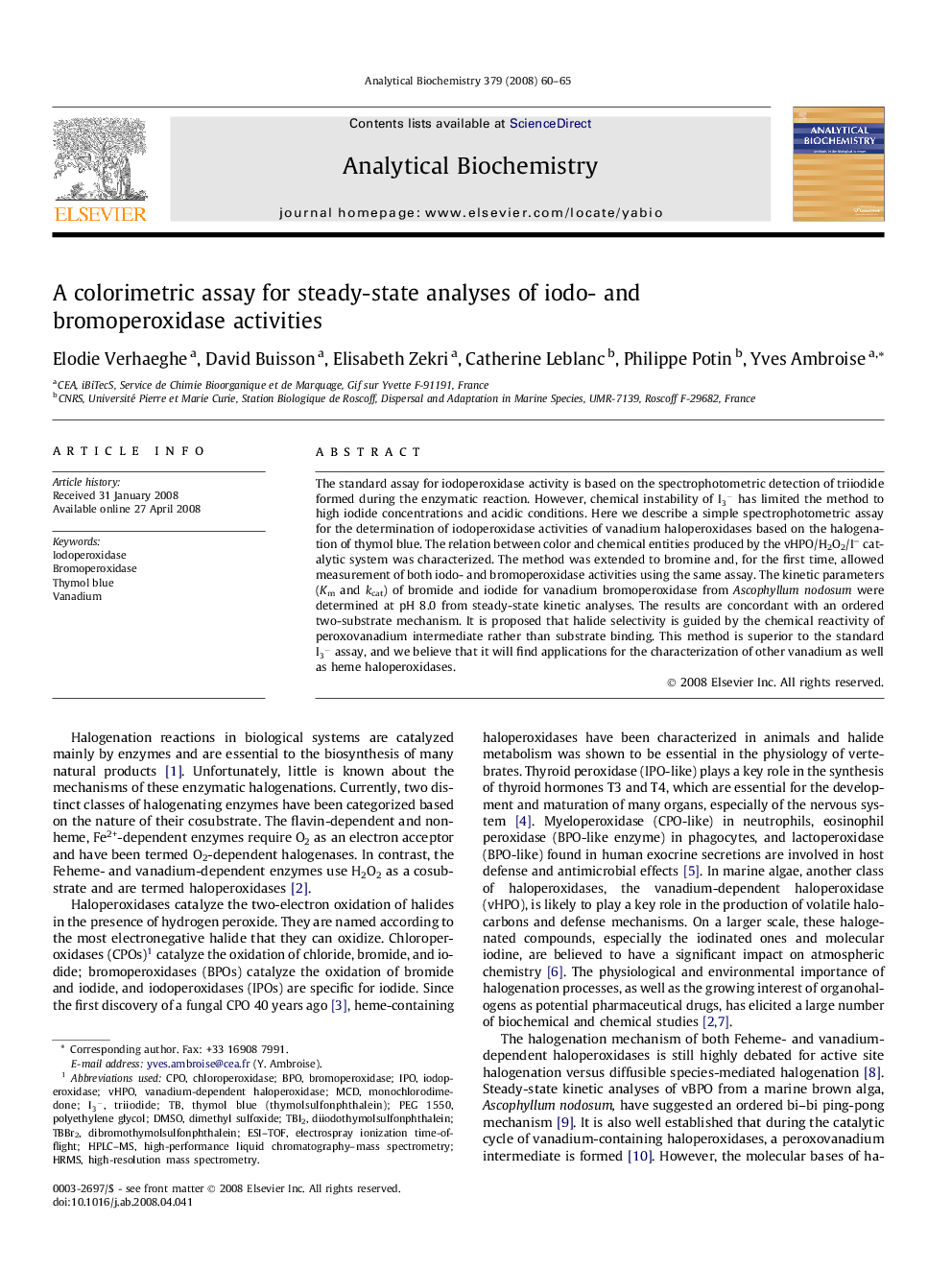 A colorimetric assay for steady-state analyses of iodo- and bromoperoxidase activities