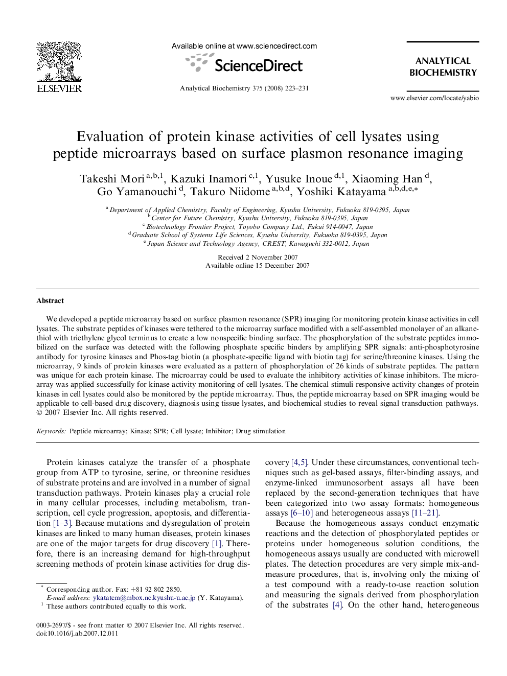 Evaluation of protein kinase activities of cell lysates using peptide microarrays based on surface plasmon resonance imaging