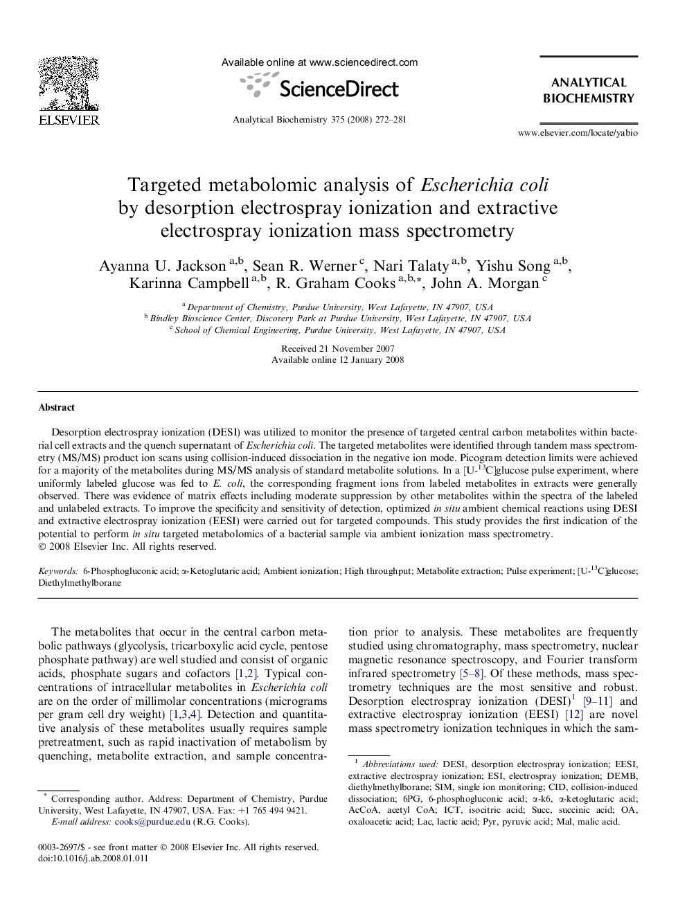 Targeted metabolomic analysis of Escherichia coli by desorption electrospray ionization and extractive electrospray ionization mass spectrometry