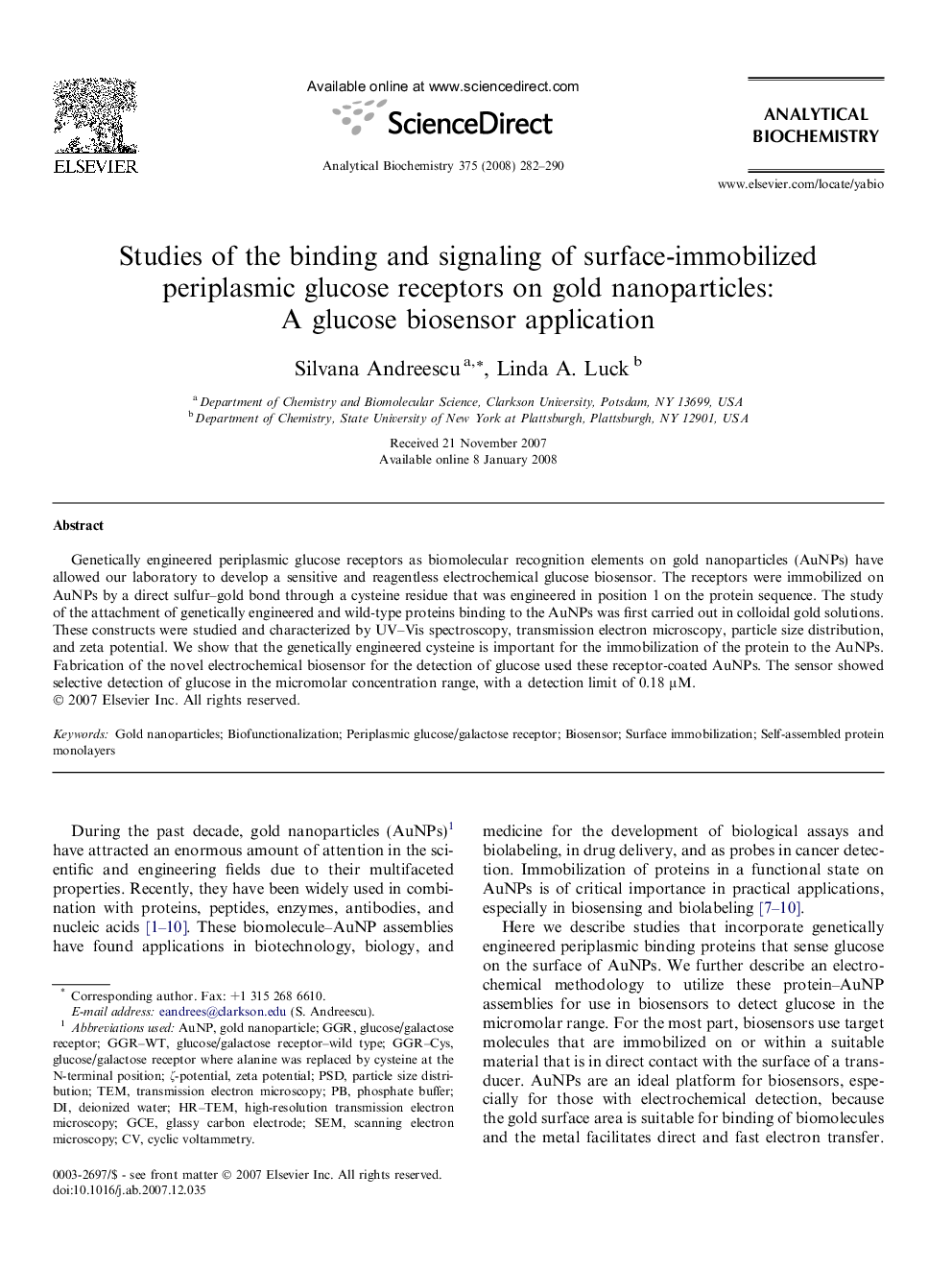 Studies of the binding and signaling of surface-immobilized periplasmic glucose receptors on gold nanoparticles: A glucose biosensor application