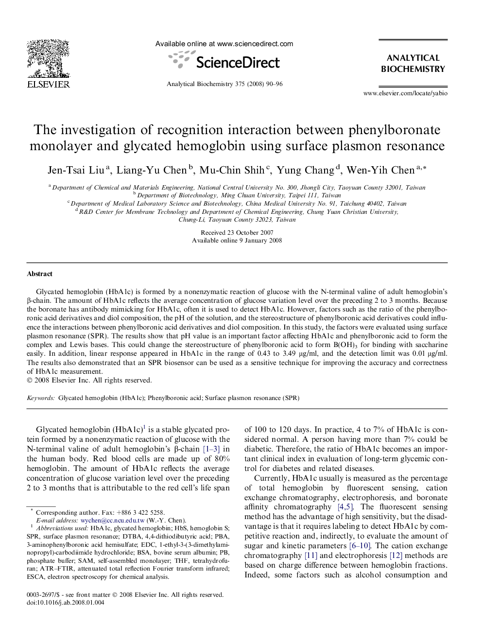 The investigation of recognition interaction between phenylboronate monolayer and glycated hemoglobin using surface plasmon resonance