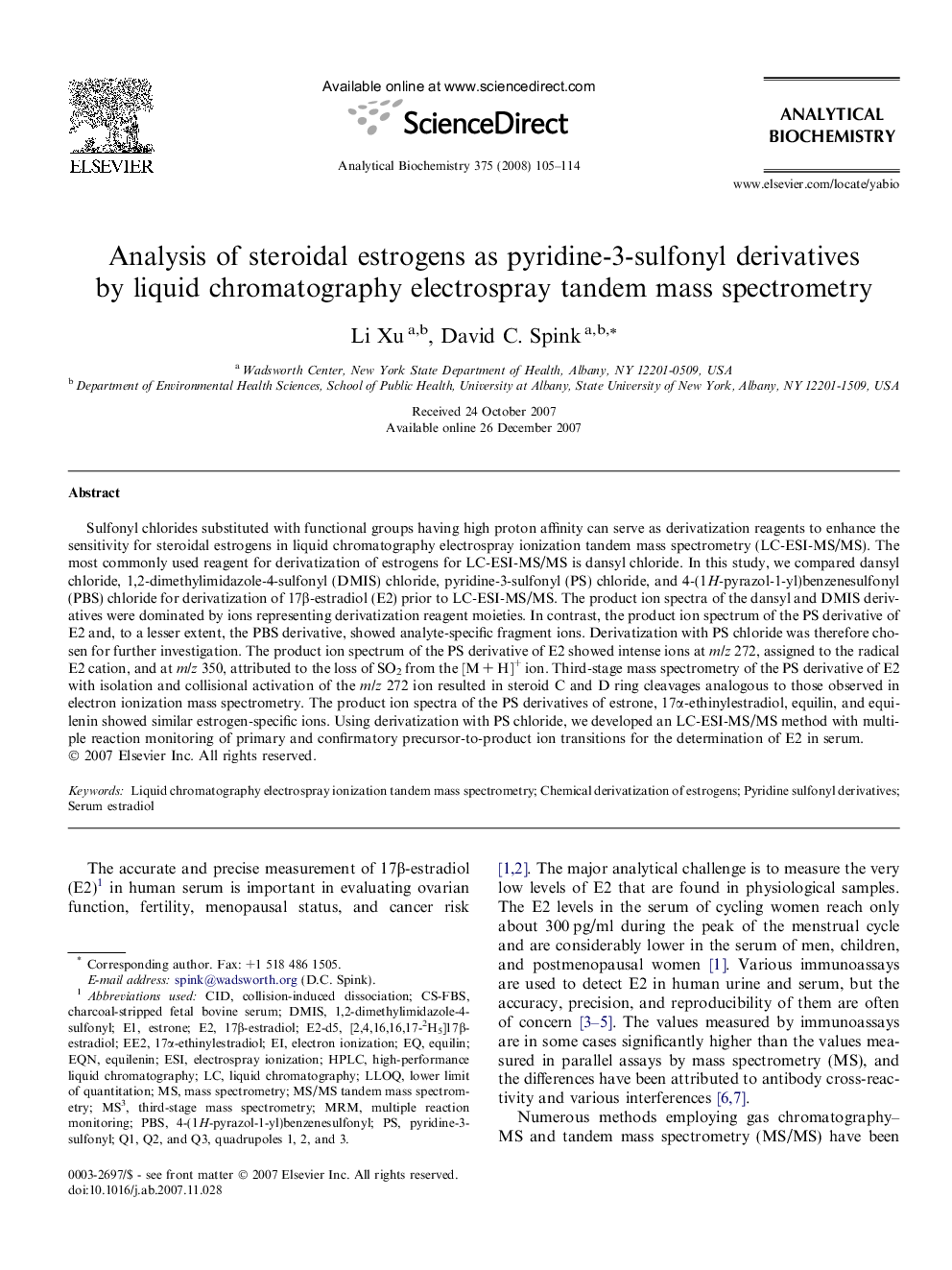 Analysis of steroidal estrogens as pyridine-3-sulfonyl derivatives by liquid chromatography electrospray tandem mass spectrometry