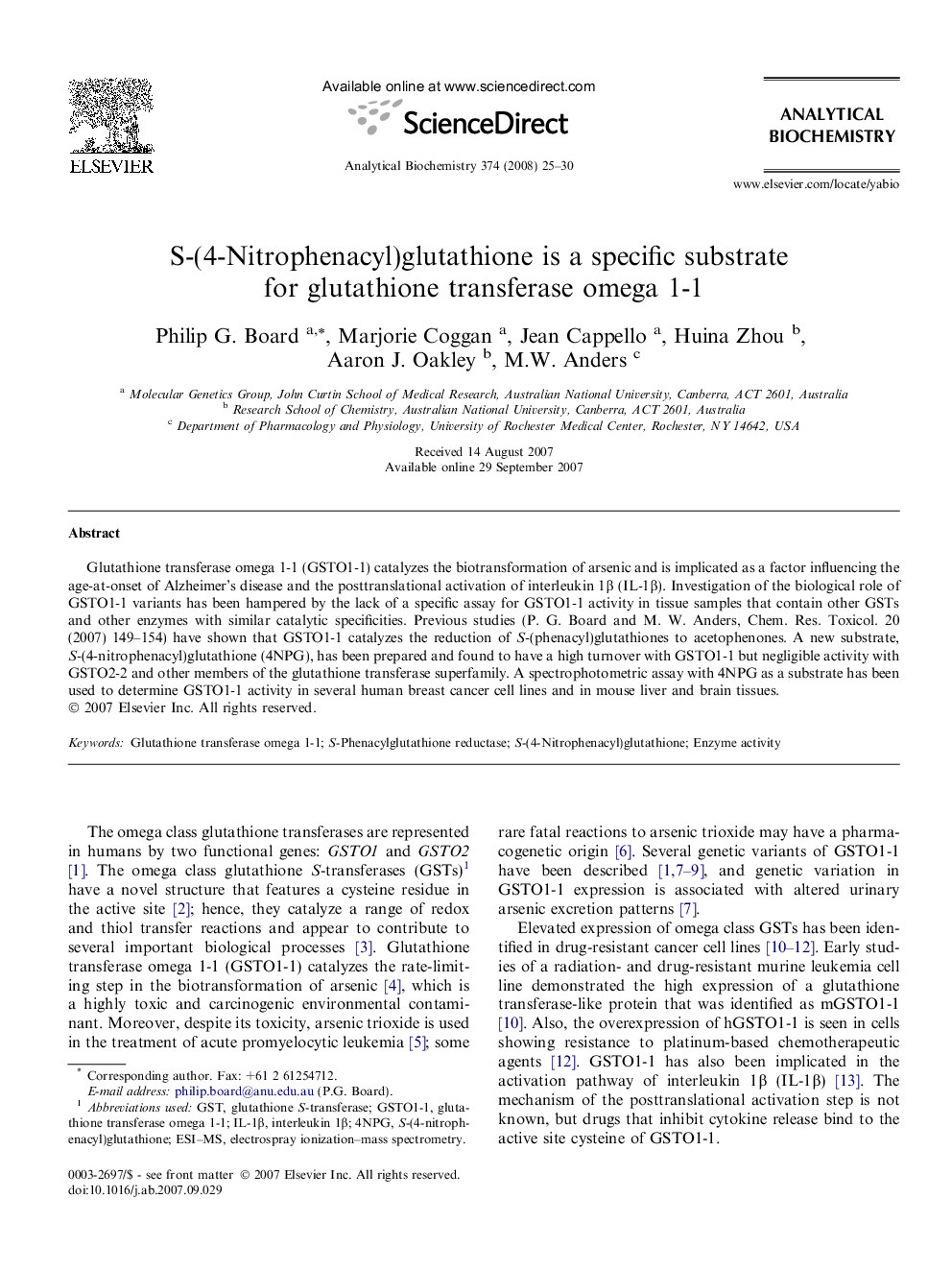 S-(4-Nitrophenacyl)glutathione is a specific substrate for glutathione transferase omega 1-1