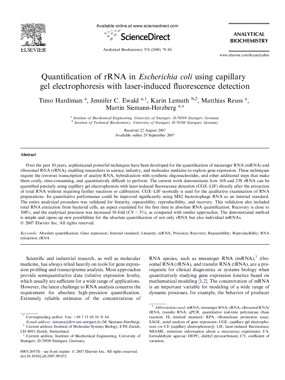 Quantification of rRNA in Escherichia coli using capillary gel electrophoresis with laser-induced fluorescence detection