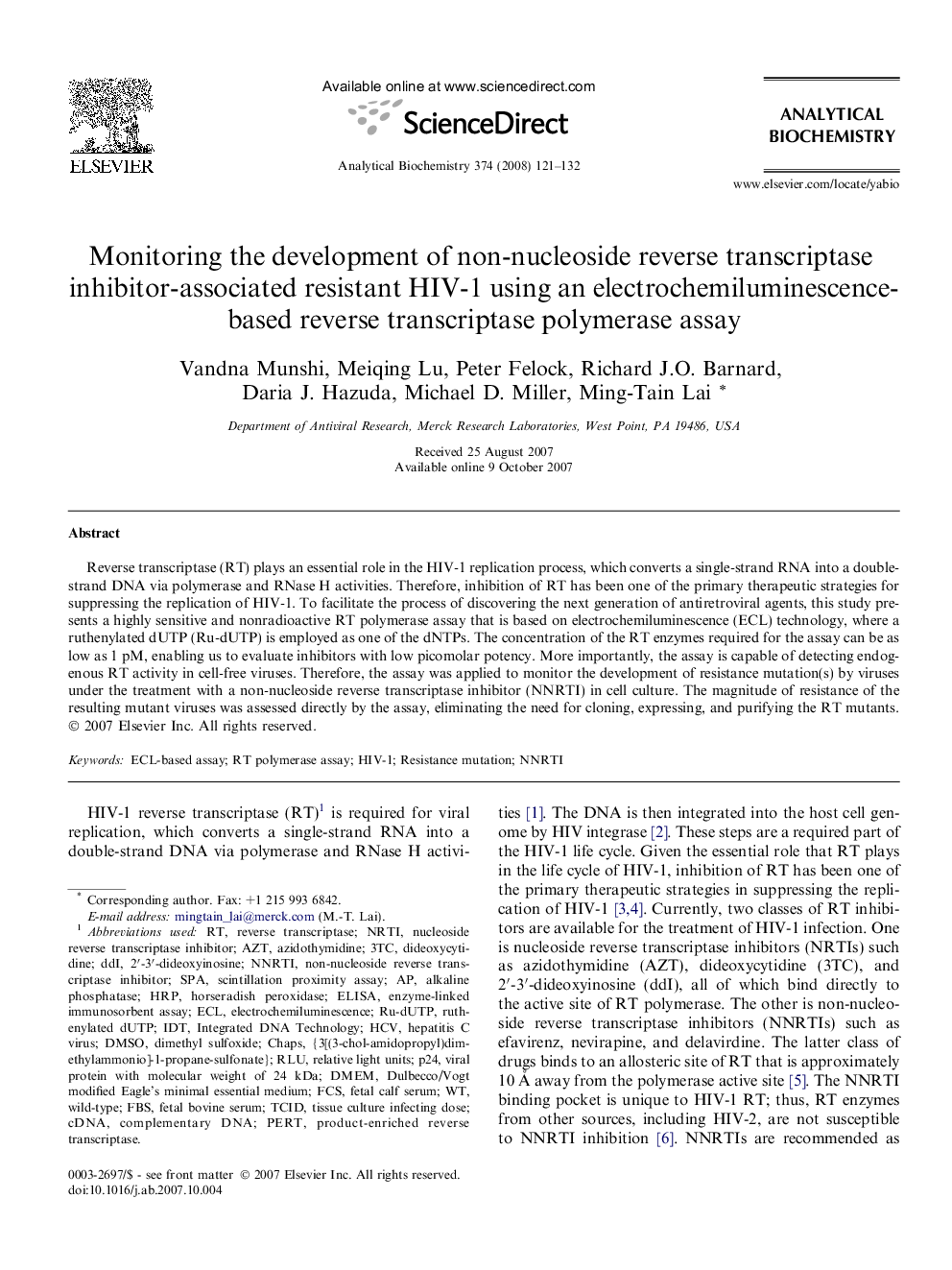 Monitoring the development of non-nucleoside reverse transcriptase inhibitor-associated resistant HIV-1 using an electrochemiluminescence-based reverse transcriptase polymerase assay