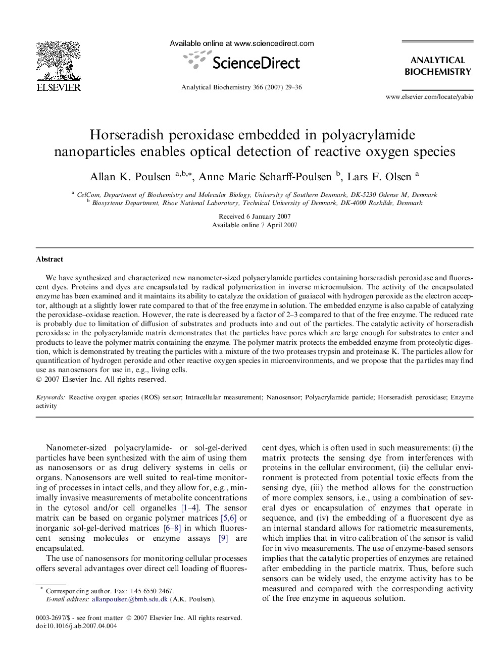 Horseradish peroxidase embedded in polyacrylamide nanoparticles enables optical detection of reactive oxygen species