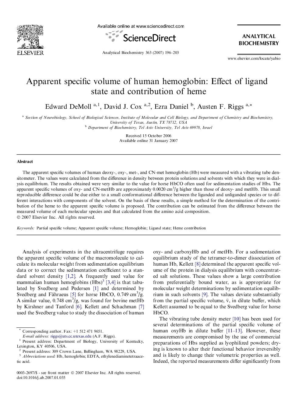 Apparent specific volume of human hemoglobin: Effect of ligand state and contribution of heme