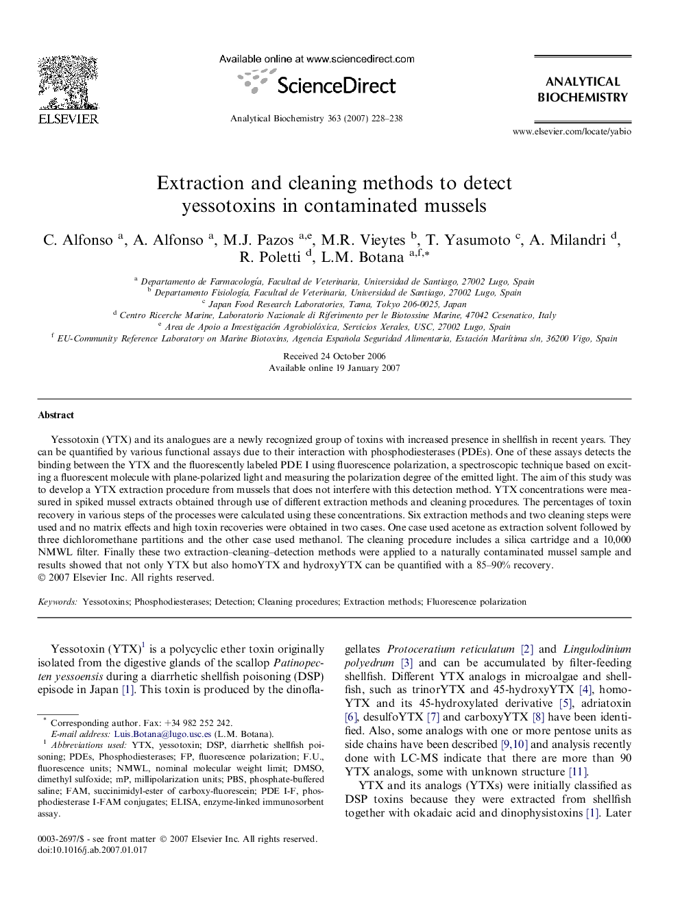 Extraction and cleaning methods to detect yessotoxins in contaminated mussels