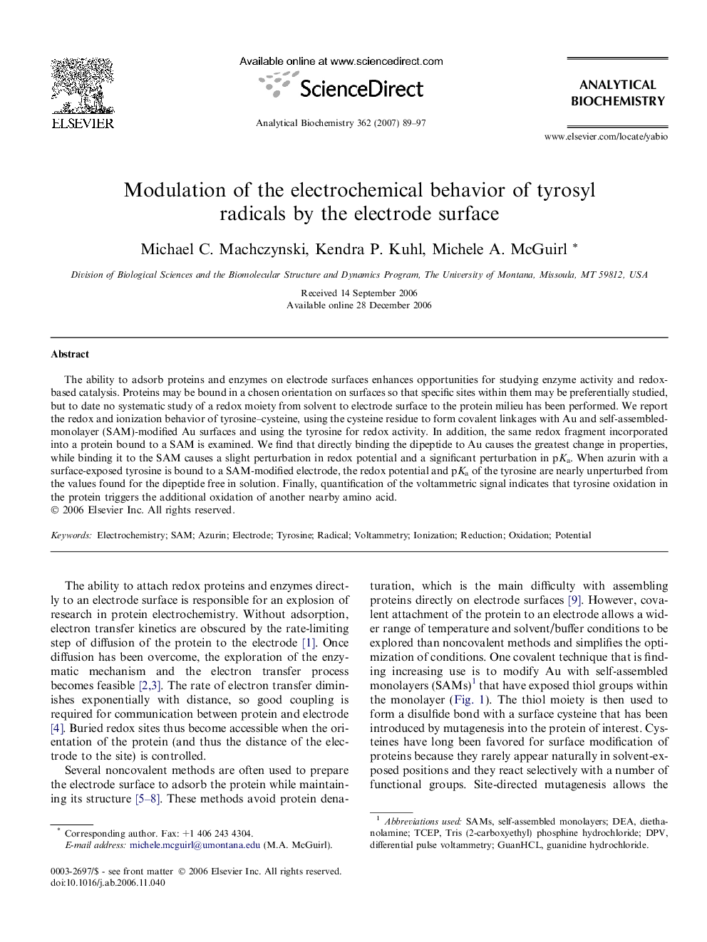 Modulation of the electrochemical behavior of tyrosyl radicals by the electrode surface