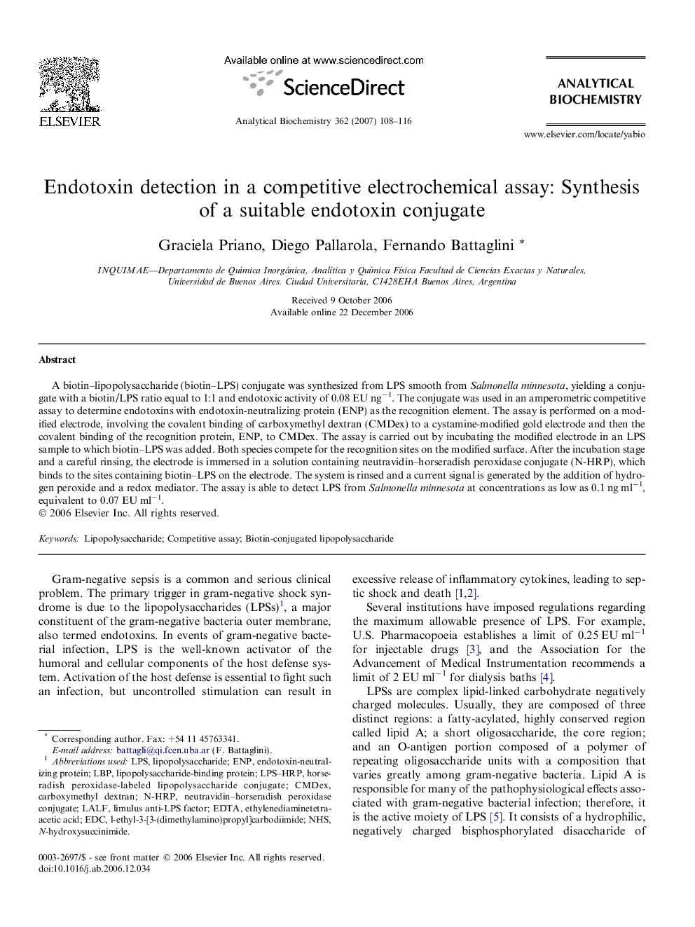 Endotoxin detection in a competitive electrochemical assay: Synthesis of a suitable endotoxin conjugate