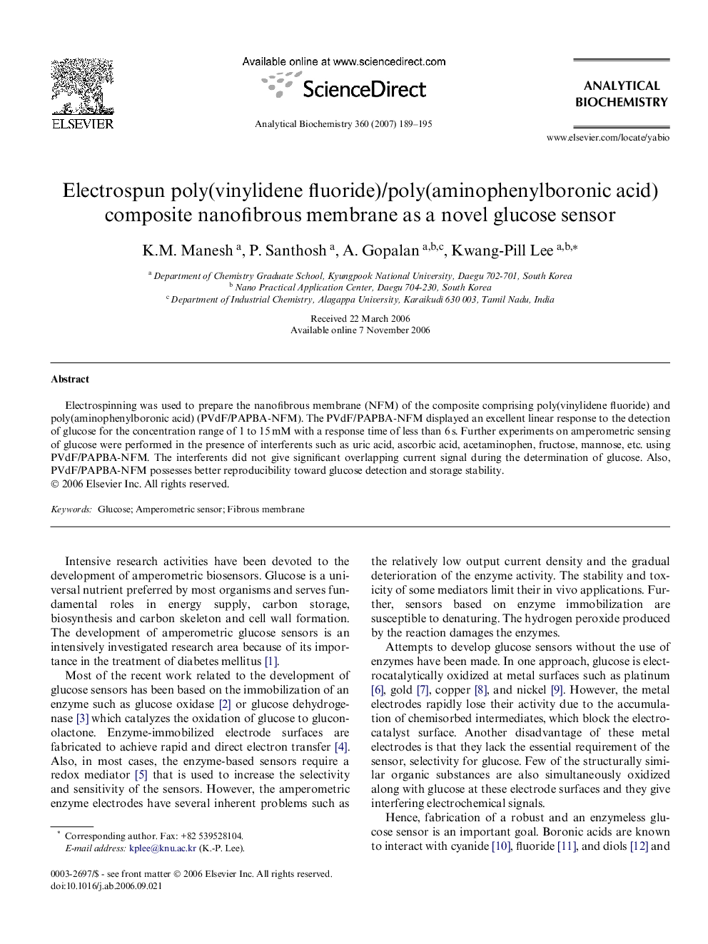 Electrospun poly(vinylidene fluoride)/poly(aminophenylboronic acid) composite nanofibrous membrane as a novel glucose sensor