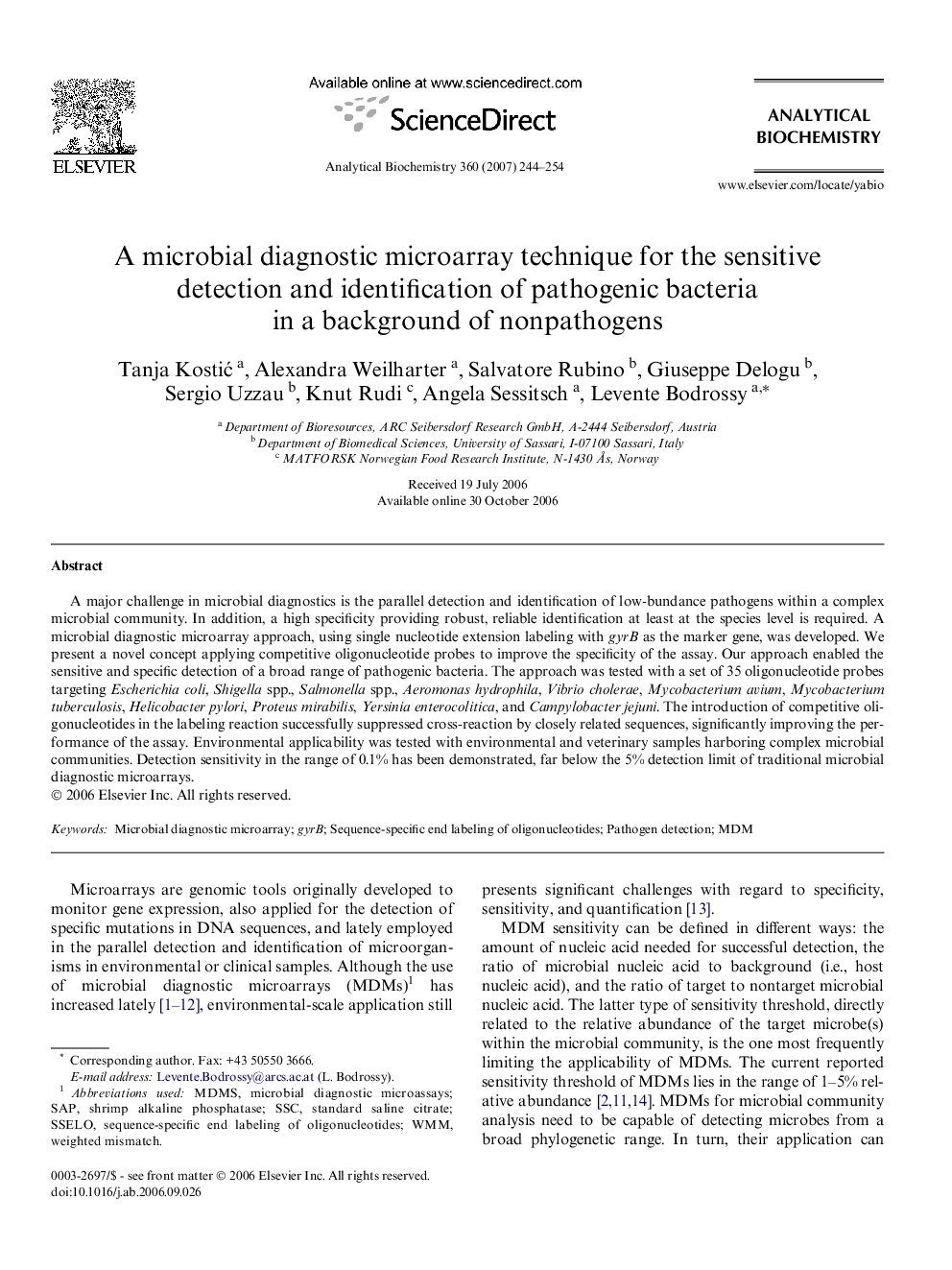 A microbial diagnostic microarray technique for the sensitive detection and identification of pathogenic bacteria in a background of nonpathogens