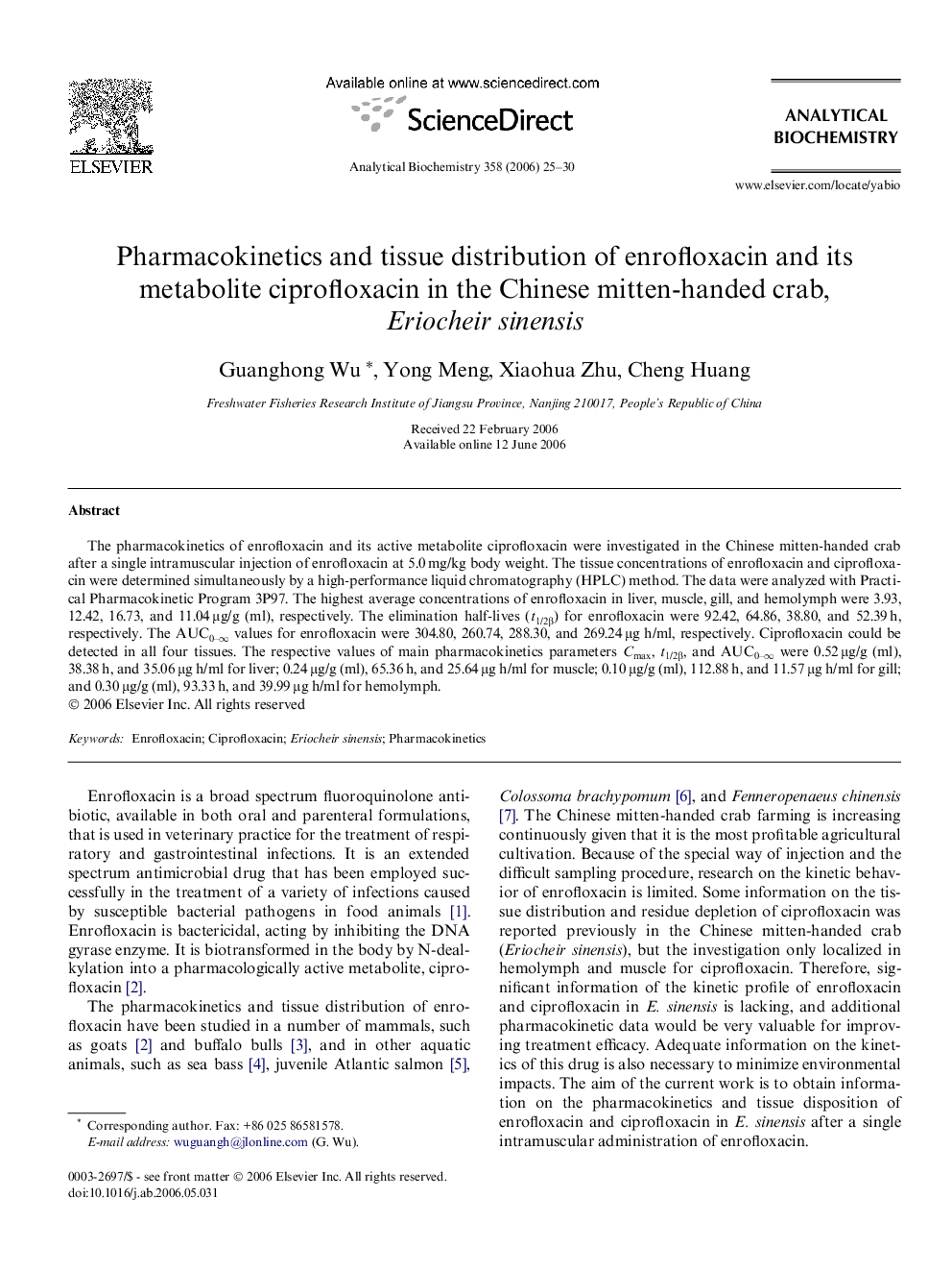 Pharmacokinetics and tissue distribution of enrofloxacin and its metabolite ciprofloxacin in the Chinese mitten-handed crab, Eriocheir sinensis