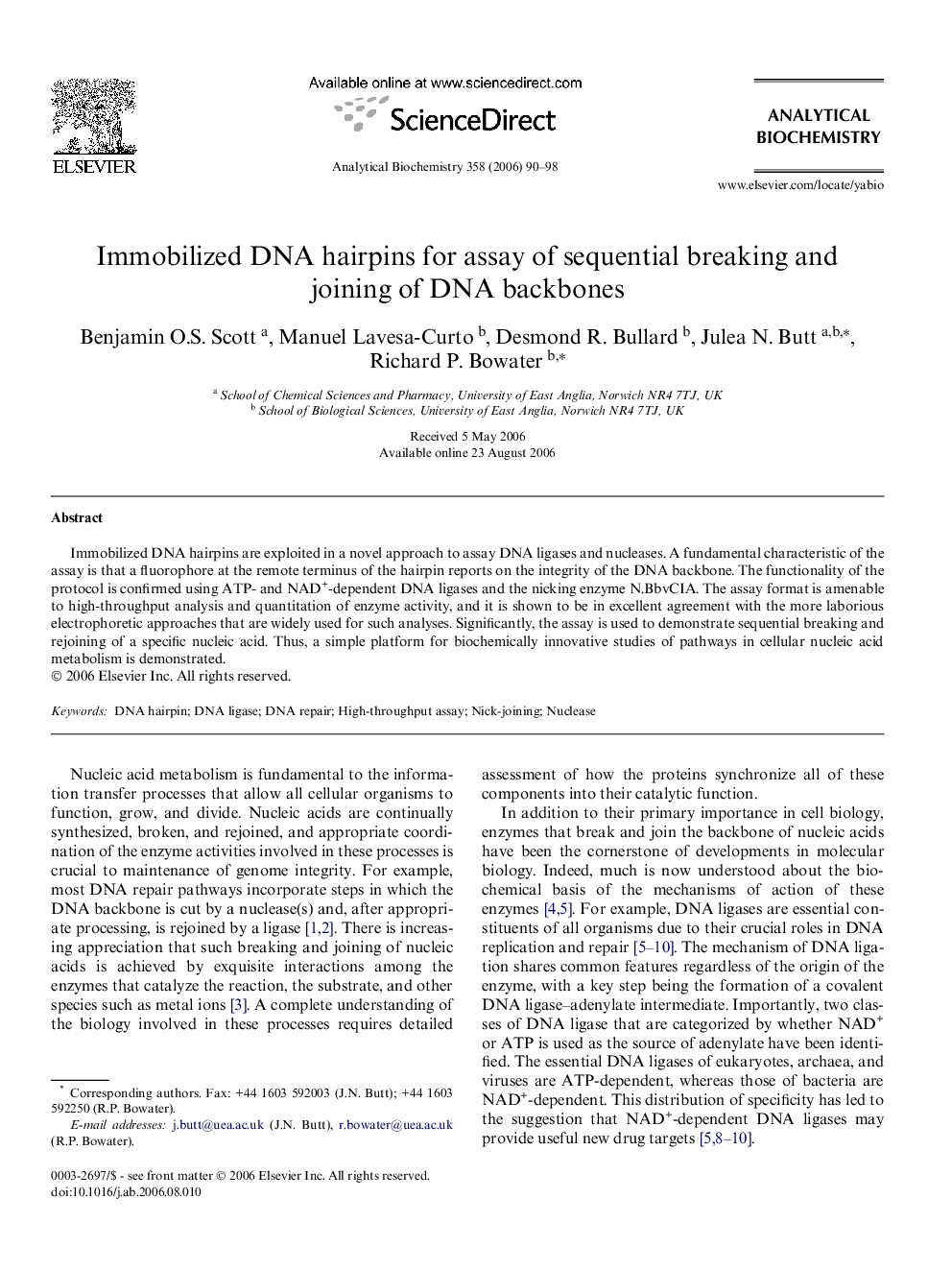 Immobilized DNA hairpins for assay of sequential breaking and joining of DNA backbones