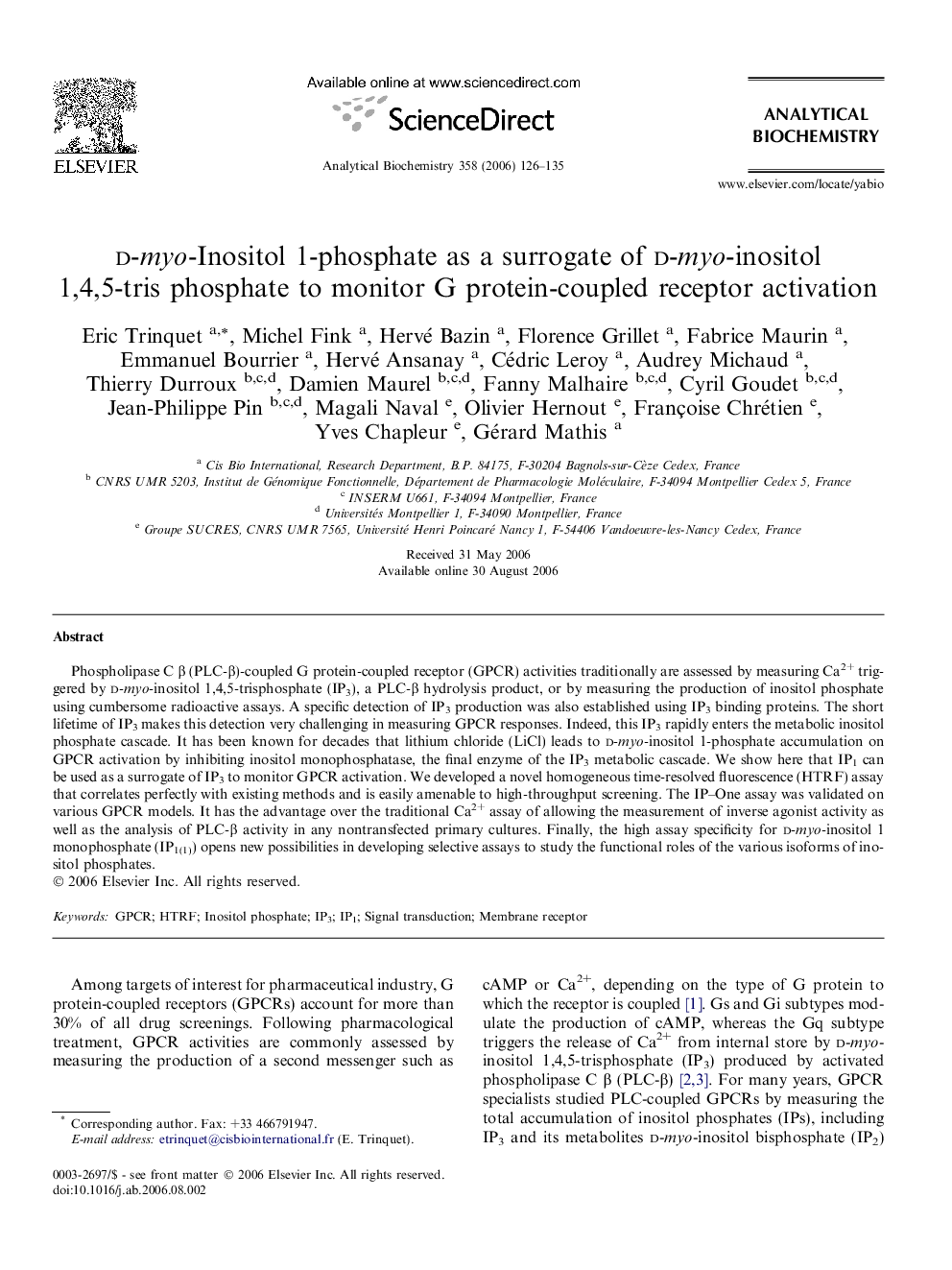 d-myo-Inositol 1-phosphate as a surrogate of d-myo-inositol 1,4,5-tris phosphate to monitor G protein-coupled receptor activation