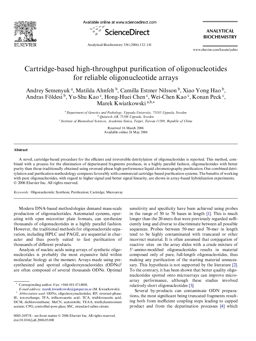 Cartridge-based high-throughput purification of oligonucleotides for reliable oligonucleotide arrays