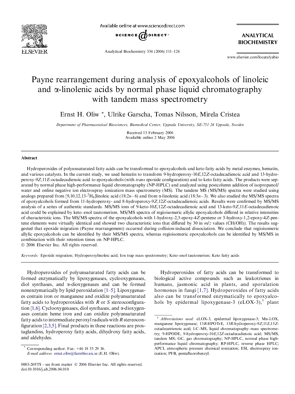 Payne rearrangement during analysis of epoxyalcohols of linoleic and α-linolenic acids by normal phase liquid chromatography with tandem mass spectrometry