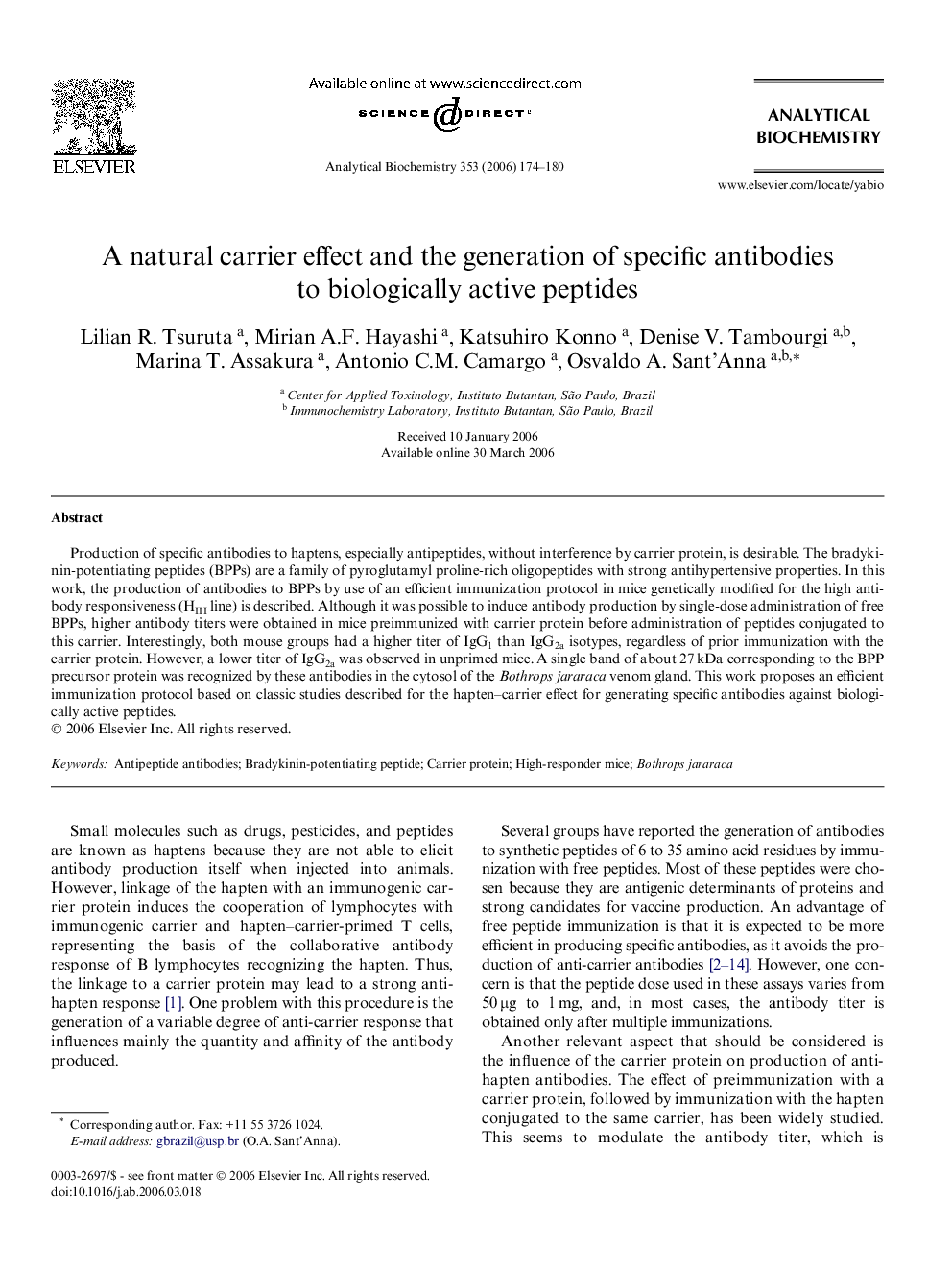 A natural carrier effect and the generation of specific antibodies to biologically active peptides