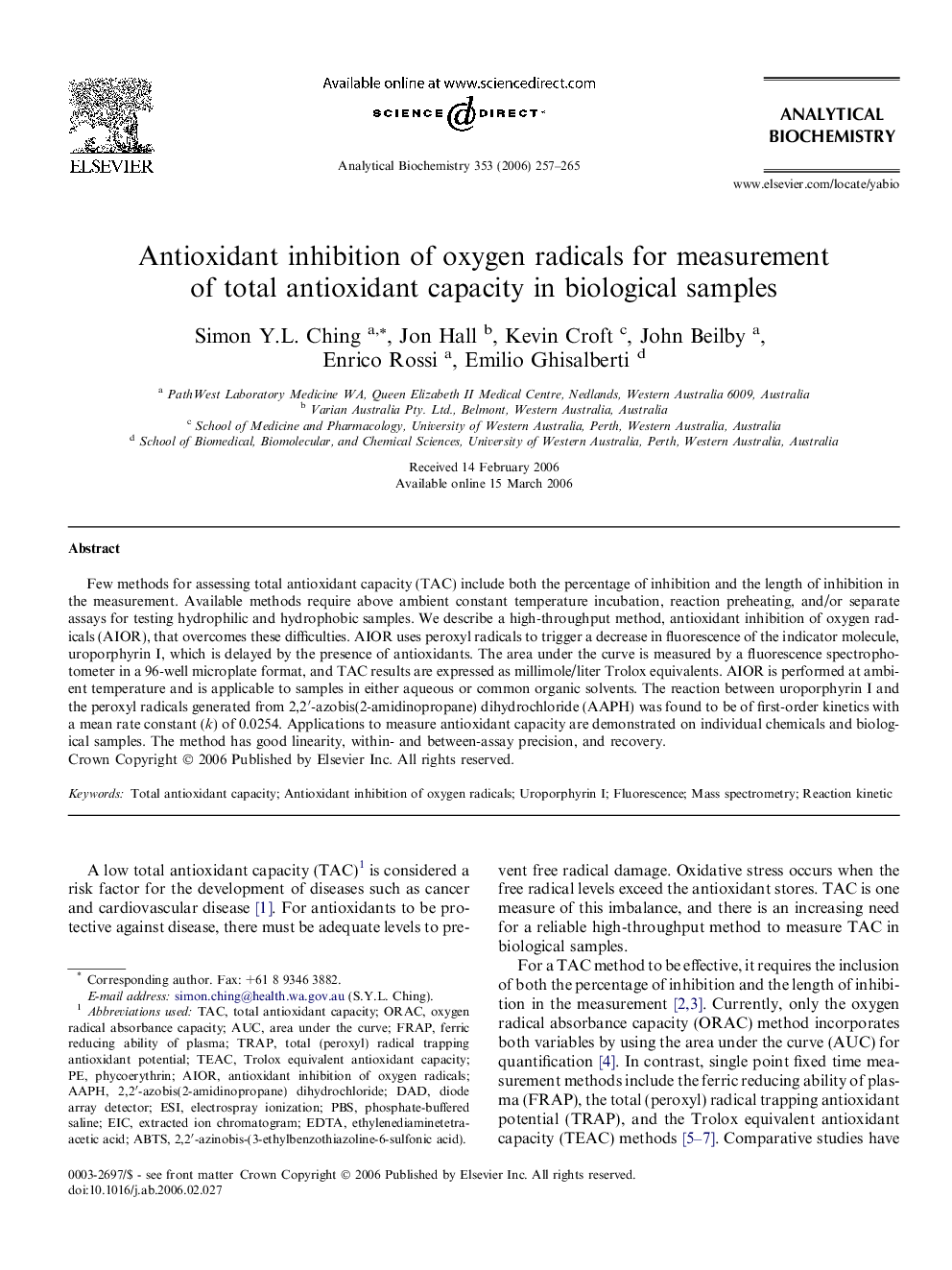 Antioxidant inhibition of oxygen radicals for measurement of total antioxidant capacity in biological samples