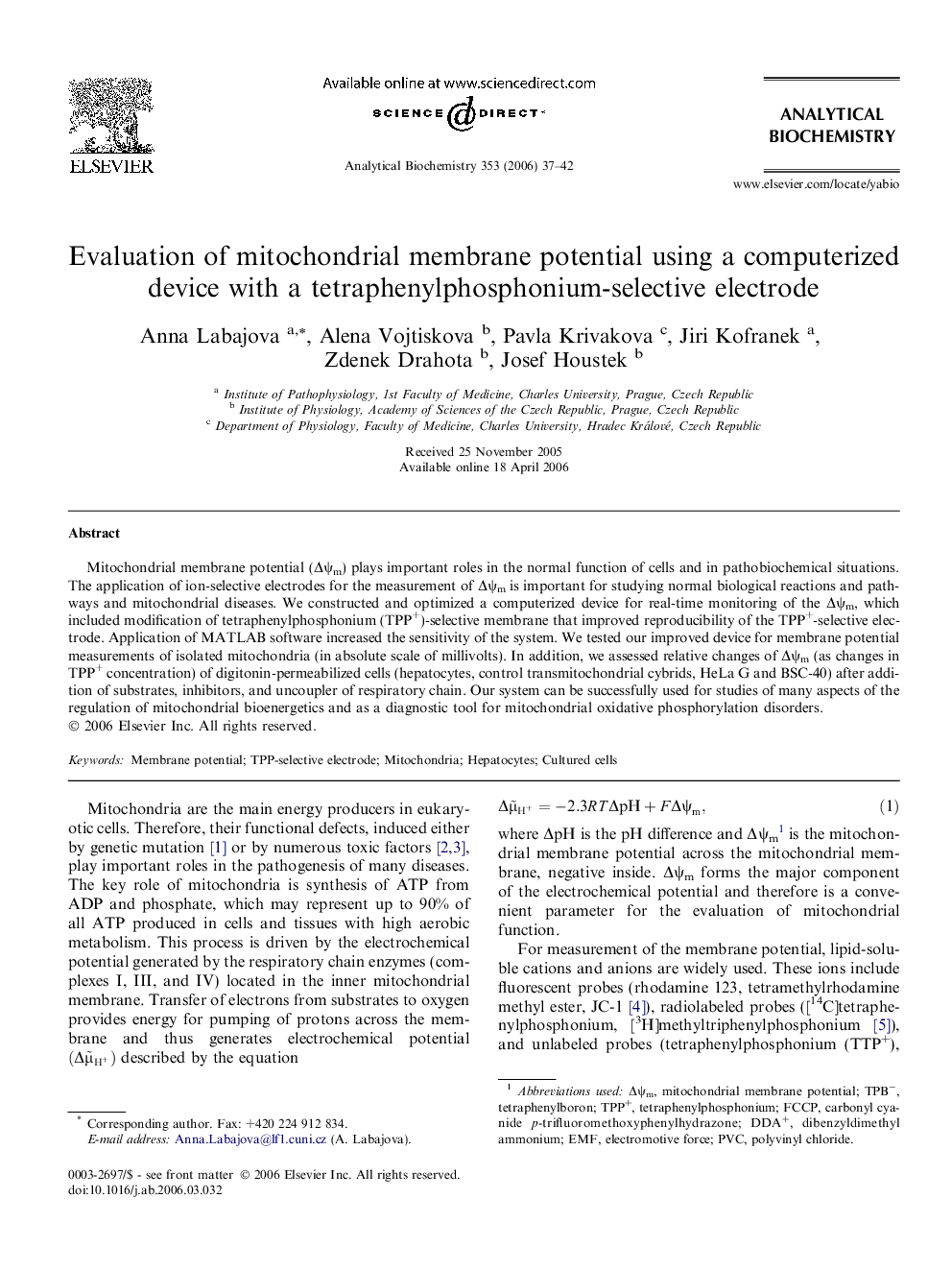 Evaluation of mitochondrial membrane potential using a computerized device with a tetraphenylphosphonium-selective electrode