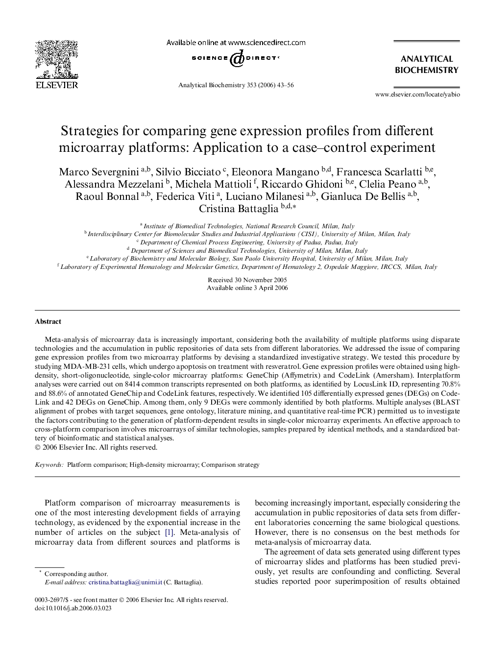 Strategies for comparing gene expression profiles from different microarray platforms: Application to a case–control experiment