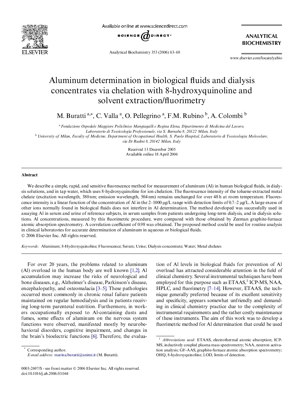 Aluminum determination in biological fluids and dialysis concentrates via chelation with 8-hydroxyquinoline and solvent extraction/fluorimetry