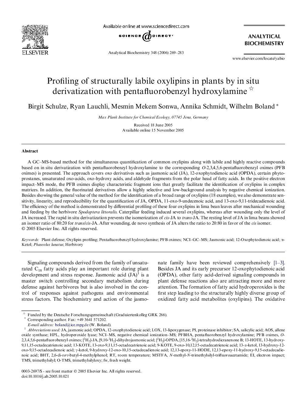عکس صفحه اول مقاله: Profiling of structurally labile oxylipins in plants by in situ derivatization with pentafluorobenzyl hydroxylamine Profiling of structurally labile oxylipins in plants by in situ derivatization with pentafluorobenzyl hydroxylamine