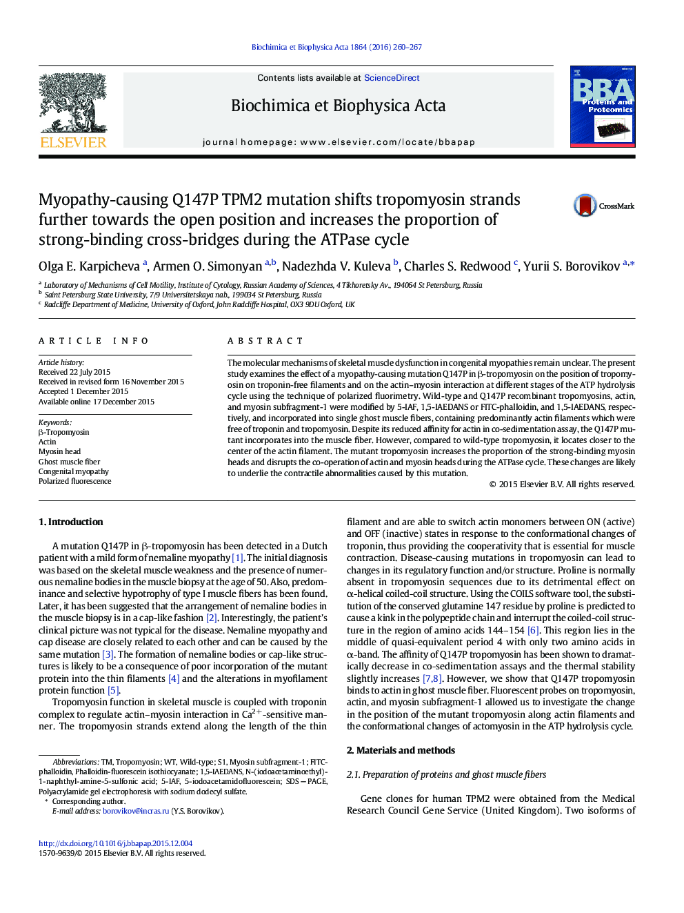 Myopathy-causing Q147P TPM2 mutation shifts tropomyosin strands further towards the open position and increases the proportion of strong-binding cross-bridges during the ATPase cycle