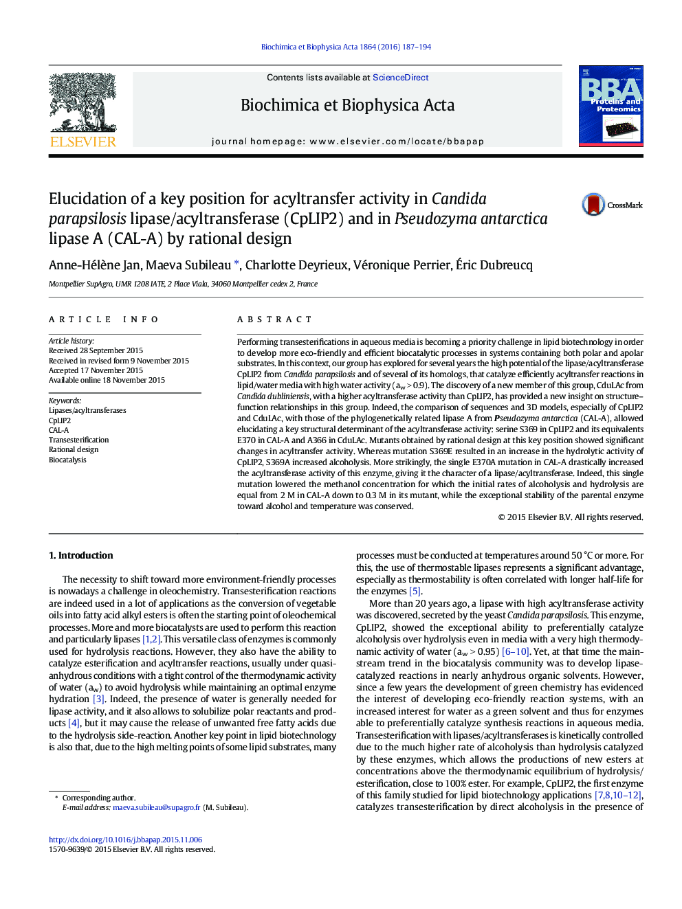 Elucidation of a key position for acyltransfer activity in Candida parapsilosis lipase/acyltransferase (CpLIP2) and in Pseudozyma antarctica lipase A (CAL-A) by rational design