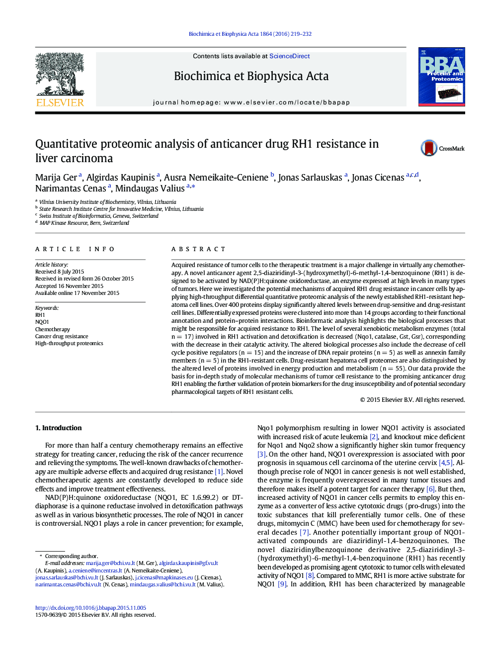 Quantitative proteomic analysis of anticancer drug RH1 resistance in liver carcinoma