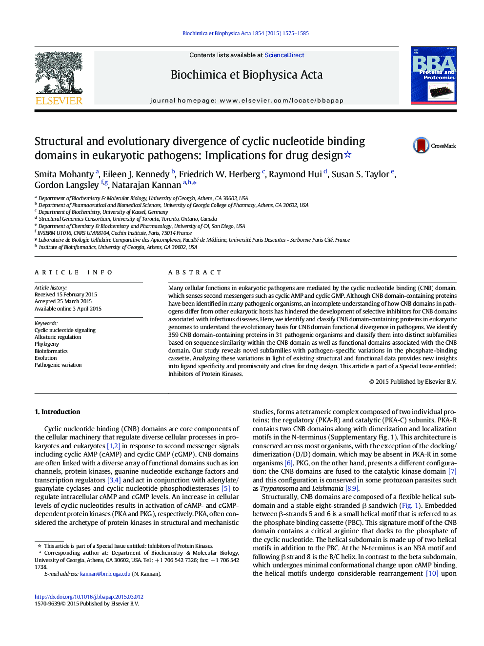 Structural and evolutionary divergence of cyclic nucleotide binding domains in eukaryotic pathogens: Implications for drug design 