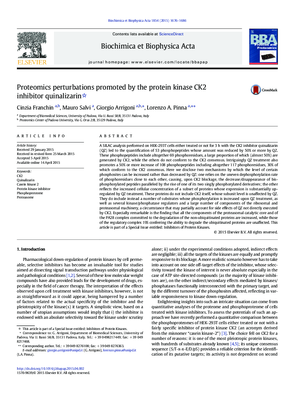 Proteomics perturbations promoted by the protein kinase CK2 inhibitor quinalizarin 