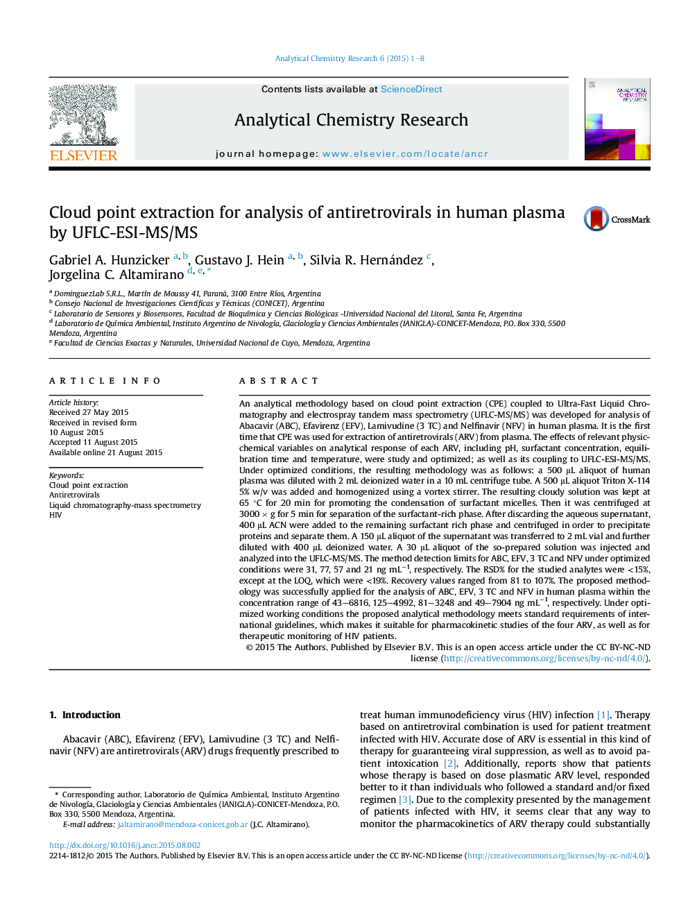 Cloud point extraction for analysis of antiretrovirals in human plasma by UFLC-ESI-MS/MS