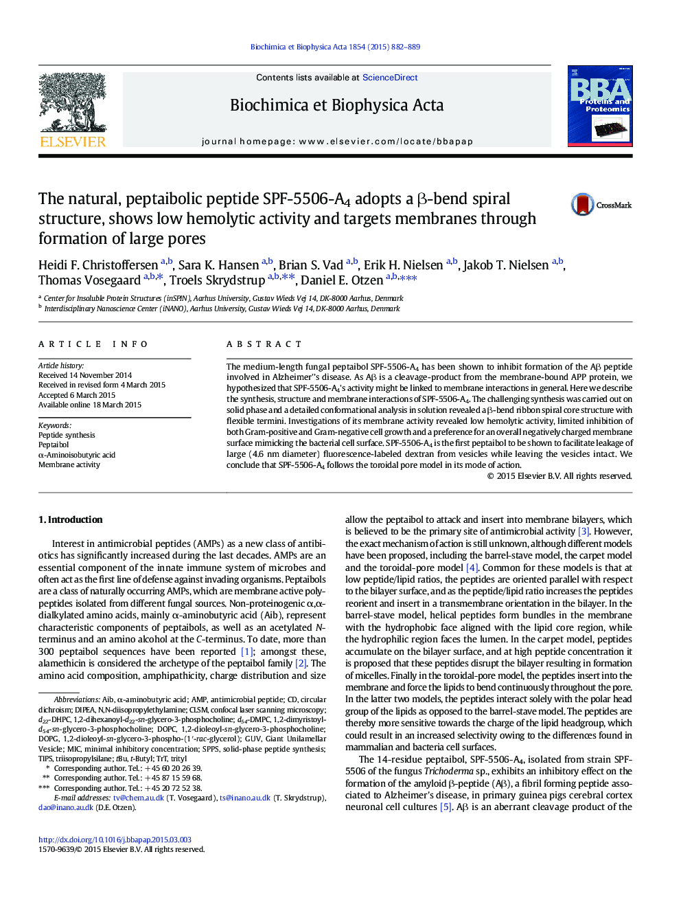 The natural, peptaibolic peptide SPF-5506-A4 adopts a β-bend spiral structure, shows low hemolytic activity and targets membranes through formation of large pores