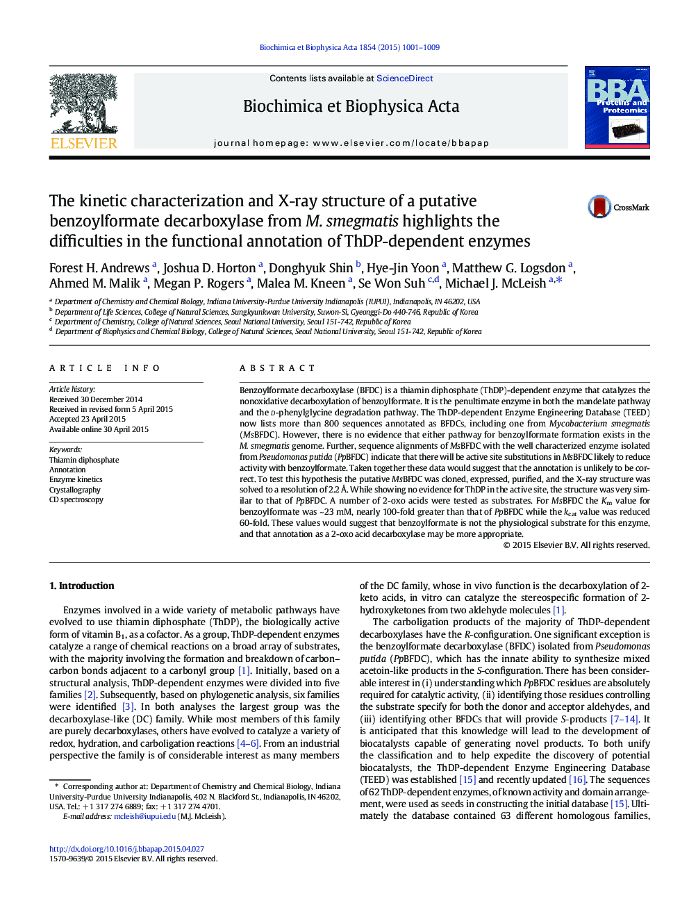 The kinetic characterization and X-ray structure of a putative benzoylformate decarboxylase from M. smegmatis highlights the difficulties in the functional annotation of ThDP-dependent enzymes