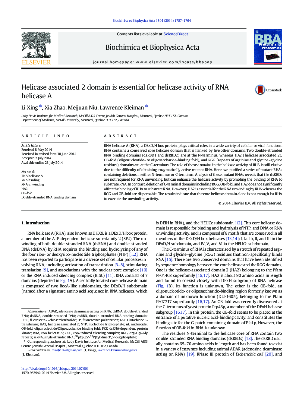 Helicase associated 2 domain is essential for helicase activity of RNA helicase A