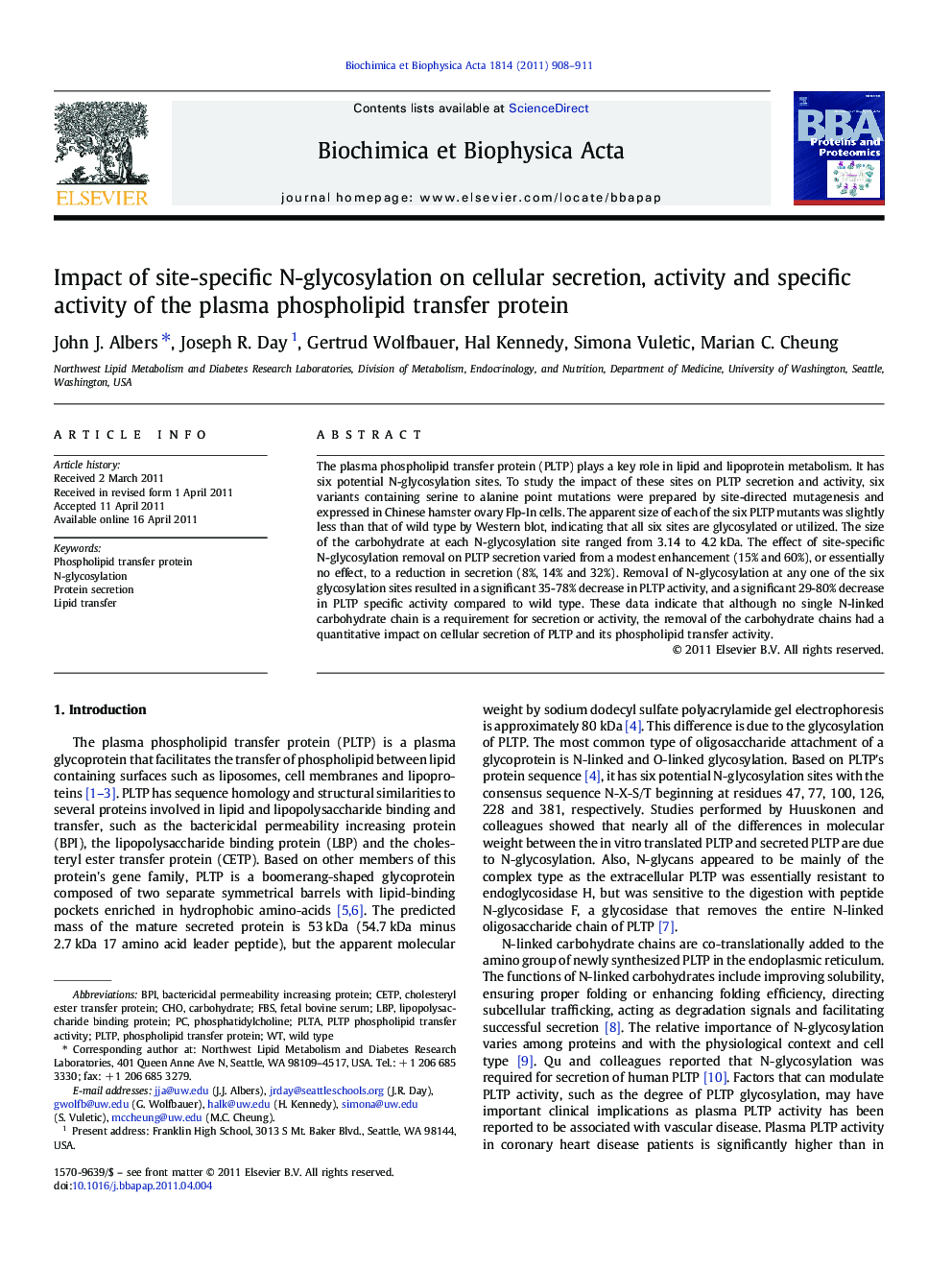 Impact of site-specific N-glycosylation on cellular secretion, activity and specific activity of the plasma phospholipid transfer protein