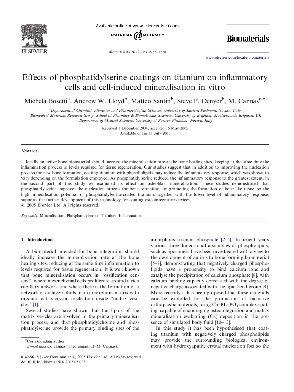 Effects of phosphatidylserine coatings on titanium on inflammatory cells and cell-induced mineralisation in vitro