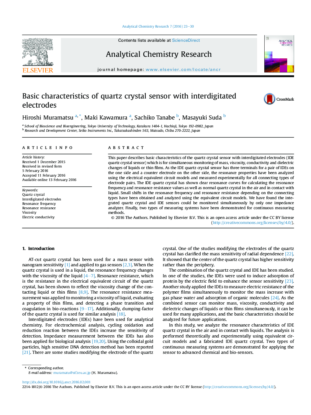 Basic characteristics of quartz crystal sensor with interdigitated electrodes