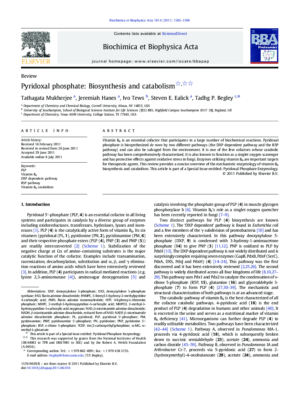 Pyridoxal phosphate: Biosynthesis and catabolism 