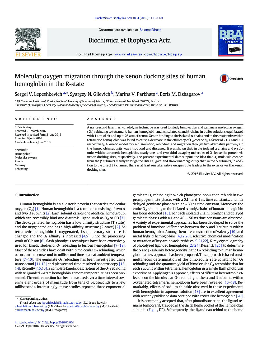 Molecular oxygen migration through the xenon docking sites of human hemoglobin in the R-state