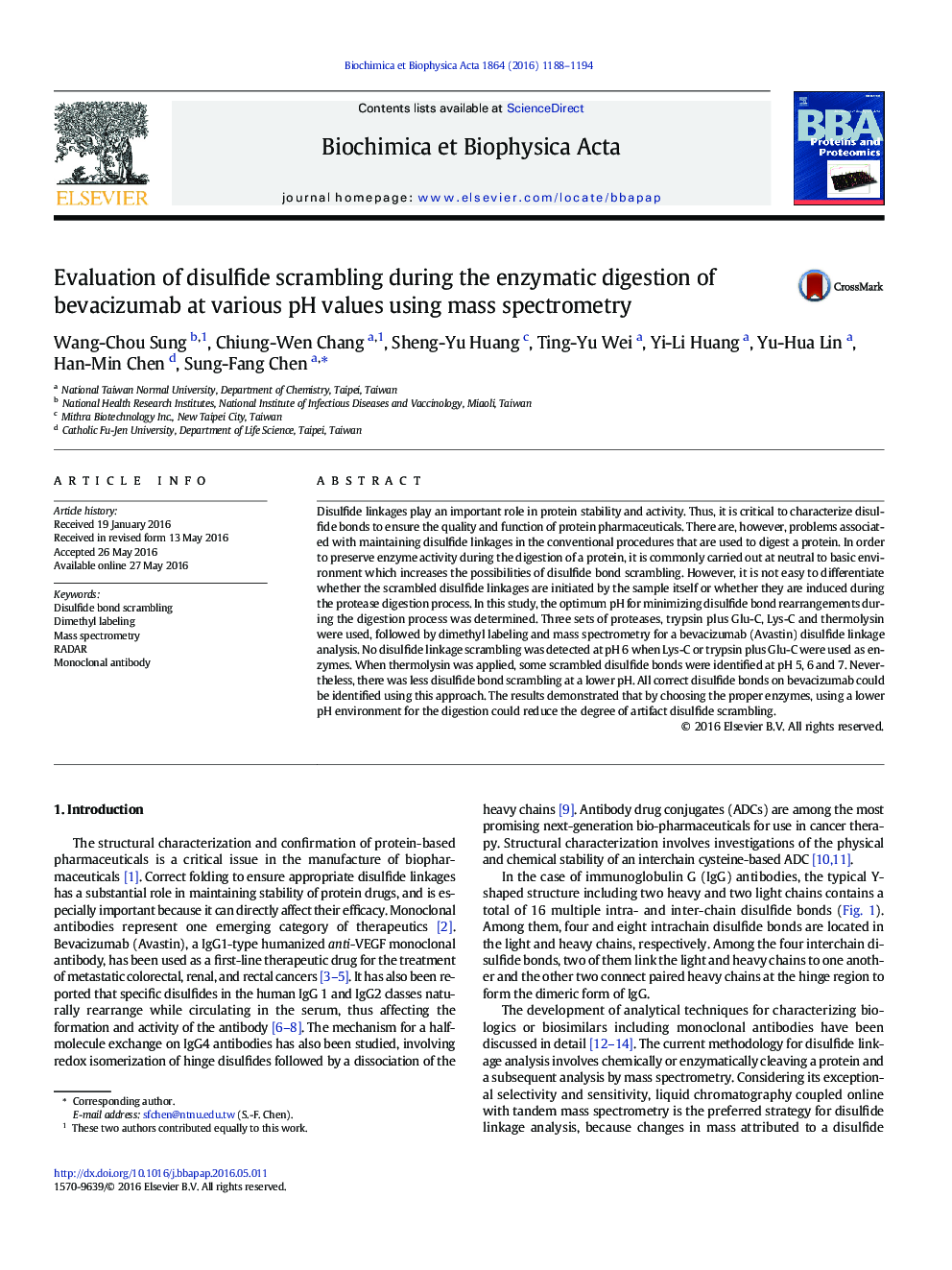 Evaluation of disulfide scrambling during the enzymatic digestion of bevacizumab at various pH values using mass spectrometry