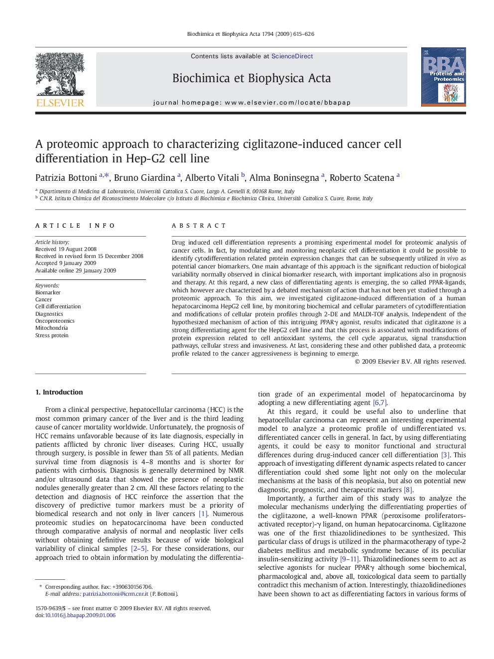 A proteomic approach to characterizing ciglitazone-induced cancer cell differentiation in Hep-G2 cell line