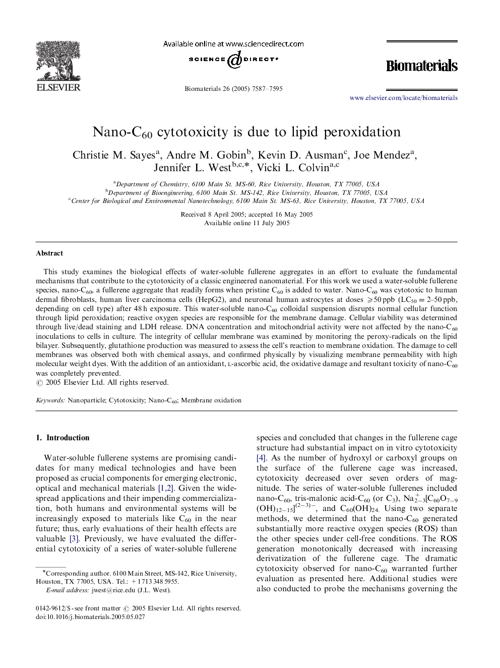 Nano-C60 cytotoxicity is due to lipid peroxidation