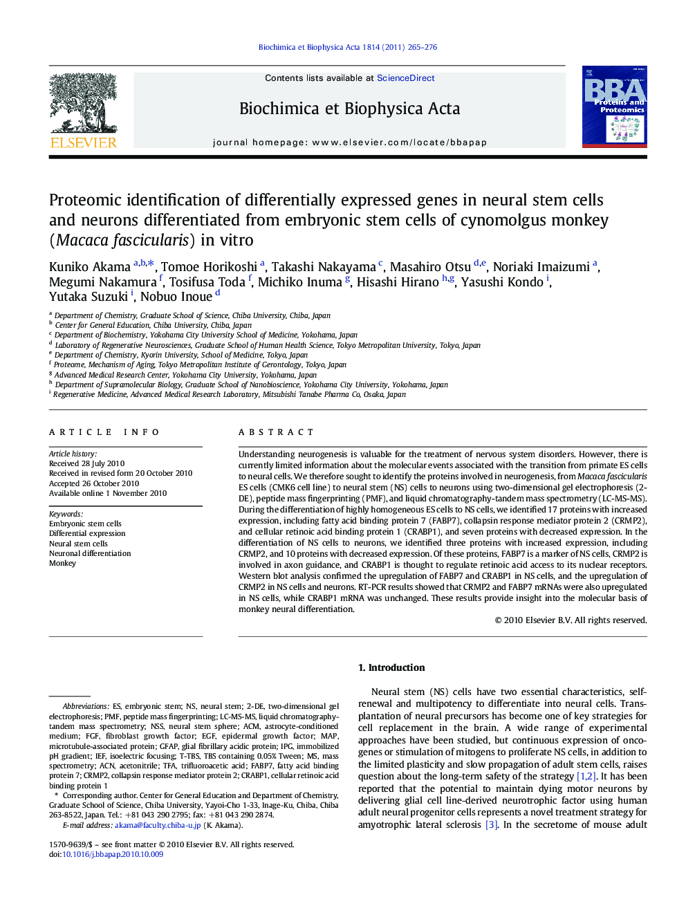 Proteomic identification of differentially expressed genes in neural stem cells and neurons differentiated from embryonic stem cells of cynomolgus monkey (Macaca fascicularis) in vitro